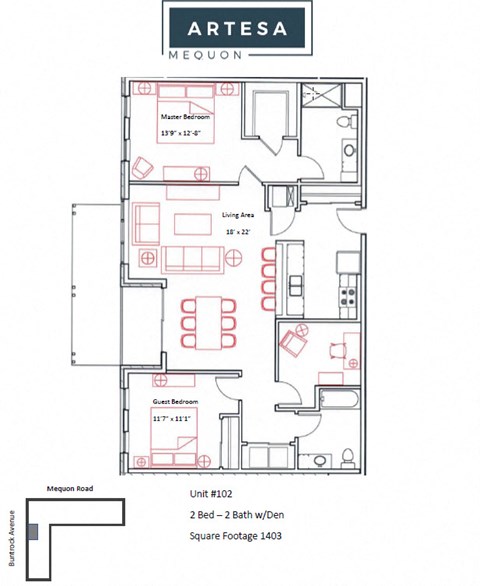 Floor plan for 2 beds, 2 baths, 1403 sqft